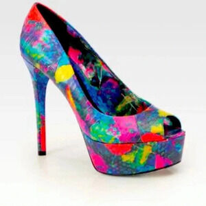 Brian Atwood Bambola Snakeskin Neon Rainbow Peep Toe Platform Pump Size 9